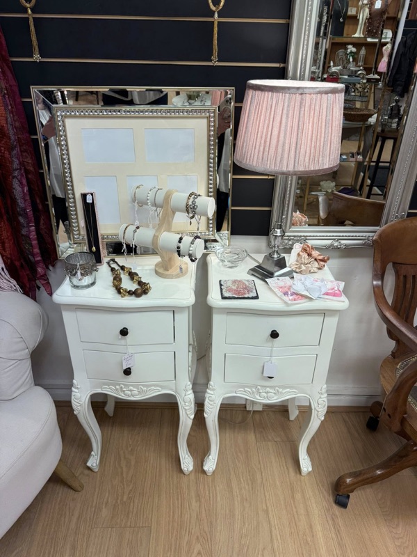 Vintage French White Bedside Tables Pair